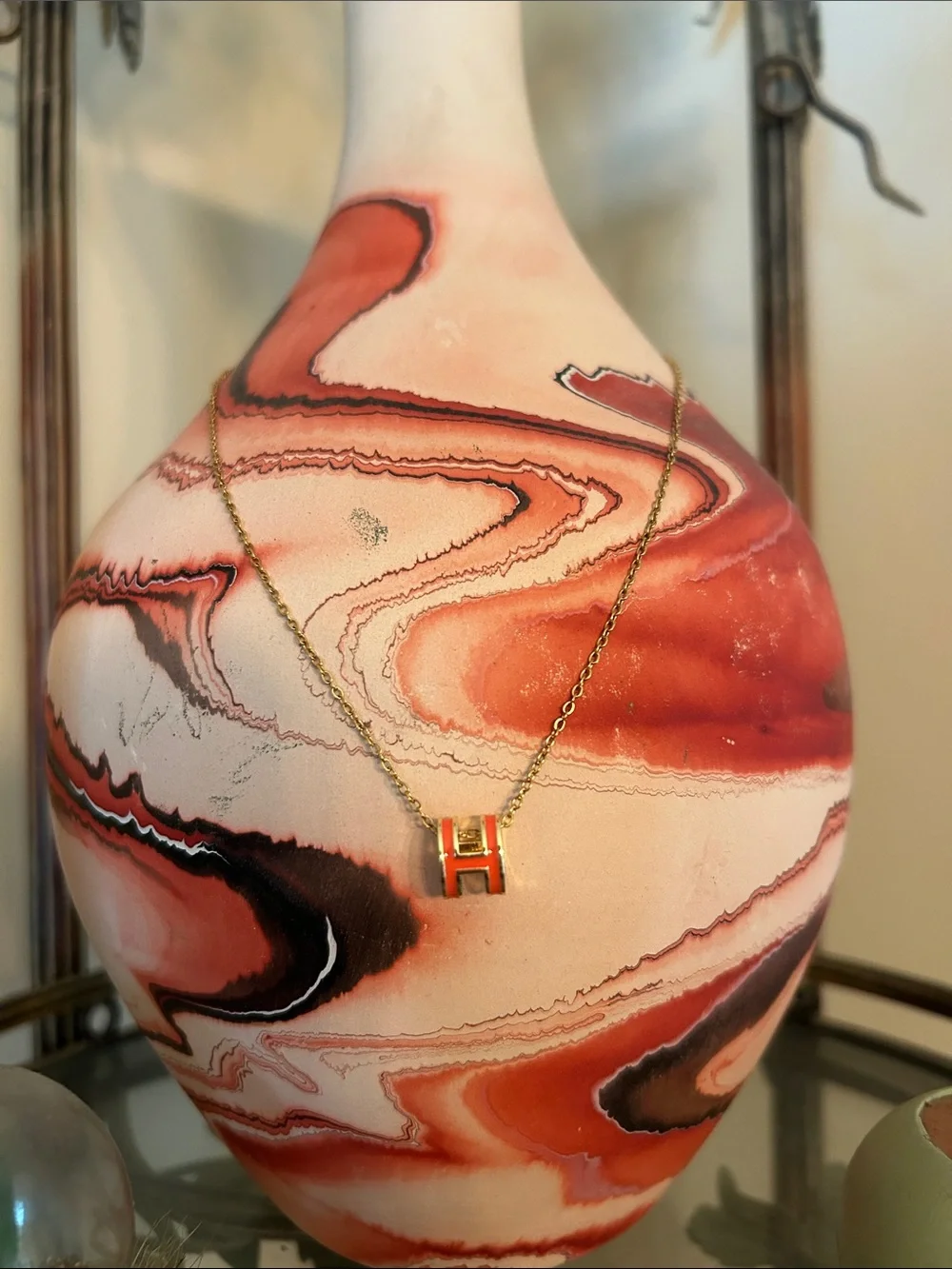 Gold Tone Orange Enamel H Pendant Necklace Stainless Steel